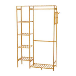 Thehotsale Natural Freestanding Wooden Clothes Rack With Hooks And Shelves - thumbnail 5