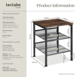 Tectake Bedside Table Lincoln - Industrial Style, With Shelf, 2 Grid Shelves, 40.5 X 40 X 50.5 Cm - Industrial Wood Dark, Rustic - thumbnail 6
