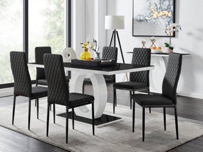 Furniturebox Giovani Rectangular 6 Seat White High Gloss Unique Halo Dining Table Black Glass Top 6 Black Faux Leather Black Leg Milan Chairs - image 1