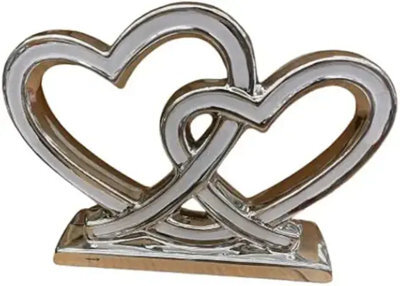 Deenz Double Heart Ceramic Shelf Ornament White & Silver Square Shape Base Art Deco Style Freestanding Anti-Slip Art Decor 27X27Cm