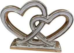 Deenz Double Heart Ceramic Shelf Ornament White & Silver Square Shape Base Art Deco Style Freestanding Anti-Slip Art Decor 27X27Cm