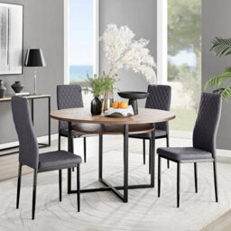 Furniturebox Uk Adley Brown Wood Storage Dining Table & 4 Grey Velvet Milan Black Leg Chairs