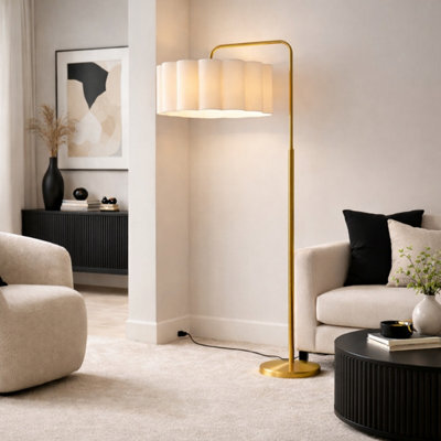 CGC Lighting Kyra Brushed Gold Angled Floor Lamp With Cream Scalloped Lampshade - image 1
