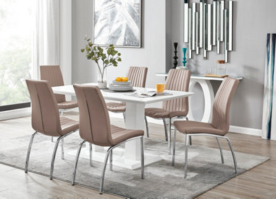 Furniturebox Imperia White High Gloss 6 Seater Dining Table With Structural 2 Plinth Column Legs 6 Beige Stitched Faux Leather Isco Chairs - image 1