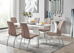 Furniturebox Imperia White High Gloss 6 Seater Dining Table With Structural 2 Plinth Column Legs 6 Beige Stitched Faux Leather Isco Chairs - thumbnail 1