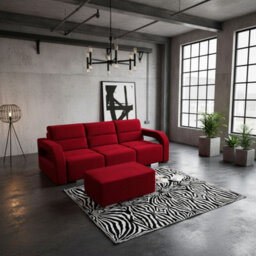 Aliss Sofa Bed With Pouffe Foam Filling Wave Springs Plastic Legs Wood Frame Loose Cushions 235X110X95 Red - thumbnail 1