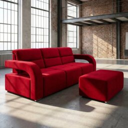 Aliss Sofa Bed With Pouffe Foam Filling Wave Springs Plastic Legs Wood Frame Loose Cushions 235X110X95 Red - thumbnail 2