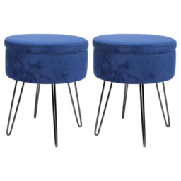 Harbour Housewares 2X Velvet Storage Footstools - Round Modern Dressing Table Footstool Vanity Seat Chair - 45 X 36Cm Blue/black - thumbnail 1