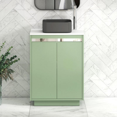 Royal Bathrooms Orion 600mm Mint Sage Floor Standing Plain White Countertop Vanity Unit 2 Door With Art Square Basin & Chrome Accent Trim - image 1