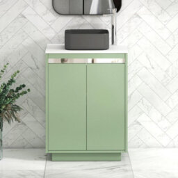 Royal Bathrooms Orion 600mm Mint Sage Floor Standing Plain White Countertop Vanity Unit 2 Door With Art Square Basin & Chrome Accent Trim