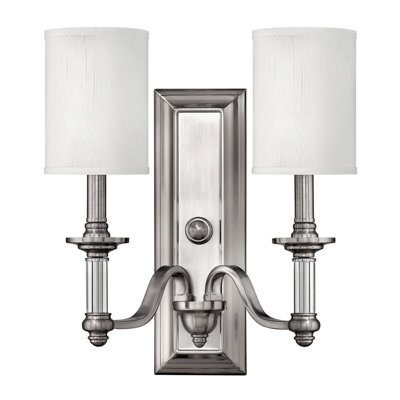 Elegant Twin Wall Light With Clear Glass And White Fabric Shade - Led Brushed Nickel Finish