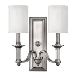 Elegant Twin Wall Light With Clear Glass And White Fabric Shade - Led Brushed Nickel Finish