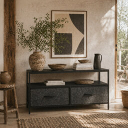 Wyld Haus Avatera 98Cm Compact Tv Storage Unit In Black And Charcoal Grey With 2 Fold-Down Fabric Drawers - thumbnail 1