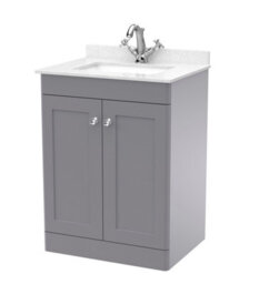 Balterley Swynnerton Traditional 2 Door Floor Standing Vanity Unit With Marble Basin, Satin Grey, 600mm - thumbnail 1
