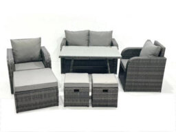 Fimous Outdoor Garden Furniture Set Rattan Sofa Dining Table Set With Reclining Chair 3 Footstool Dark Grey Mixed - thumbnail 1