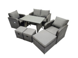 Fimous Outdoor Garden Furniture Set Rattan Sofa Dining Table Set With Reclining Chair 3 Footstool Dark Grey Mixed - thumbnail 7