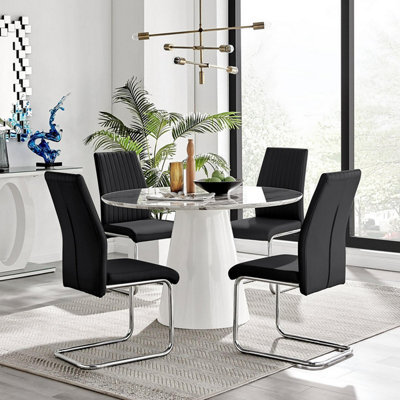 Furniturebox Uk Palma White Marble Effect Round Dining Table & 4 Black Lorenzo Chairs - image 1