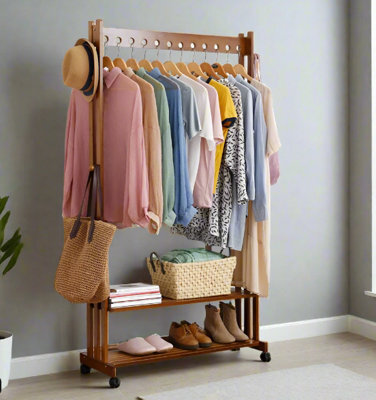 Modcraft Rustic Bamboo Clothes Rail Rack With Rolling Wheels, Two-Tier Shoe Shelves, Adjustable Top Shelf - image 1
