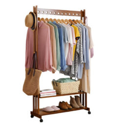 Modcraft Rustic Bamboo Clothes Rail Rack With Rolling Wheels, Two-Tier Shoe Shelves, Adjustable Top Shelf - thumbnail 3