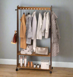Modcraft Rustic Bamboo Clothes Rail Rack With Rolling Wheels, Two-Tier Shoe Shelves, Adjustable Top Shelf - thumbnail 2