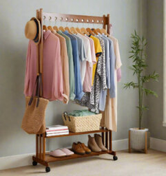 Modcraft Rustic Bamboo Clothes Rail Rack With Rolling Wheels, Two-Tier Shoe Shelves, Adjustable Top Shelf - thumbnail 6