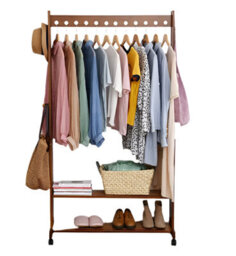 Modcraft Rustic Bamboo Clothes Rail Rack With Rolling Wheels, Two-Tier Shoe Shelves, Adjustable Top Shelf - thumbnail 4