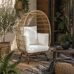 Wyld Haus Tasudo Khaki Rattan-Style Egg Chair With White Cushions And Pillows, Single-Seat Outdoor Lounge Chair - thumbnail 1