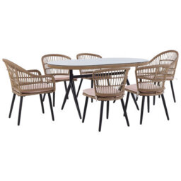 Beliani Garden Dining Set 6 Seater Aliano Pastel Pink Pe Rattan With Cushions