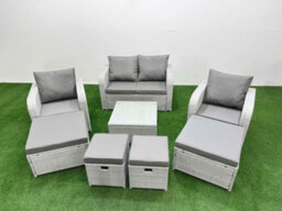 Fimous Outdoor Garden Furniture Set Pe Rattan Love Sofa Reclining Chair Set With Coffee Table 4 Footstools Light Grey - thumbnail 2