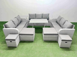 Fimous Patio Garden Furniture Sets With Dining Table 3 Seater Sofa Side Table 4 Stool Light Grey - thumbnail 1