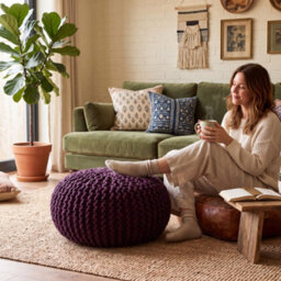 Bravich Purple Chunky Knitted Pouffe Footstool - 50Cm Round - thumbnail 2