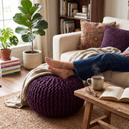 Bravich Purple Chunky Knitted Pouffe Footstool - 50Cm Round - thumbnail 4