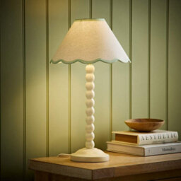 Valuelights Bobbin Green Trim Linen Shade Cream Bobble Table Lamp
