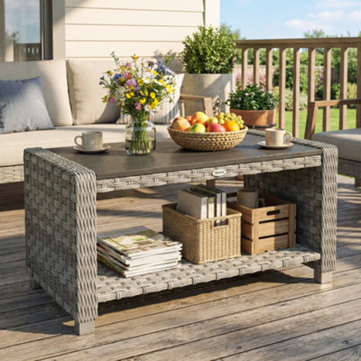 Outsunny Outdoor Coffee Table With Storage Shelf And Slatted Top, Grey - image 1