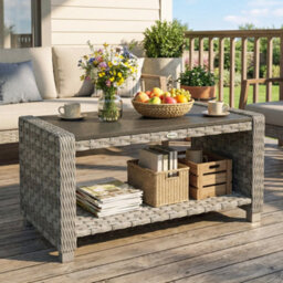 Outsunny Outdoor Coffee Table With Storage Shelf And Slatted Top, Grey - thumbnail 1