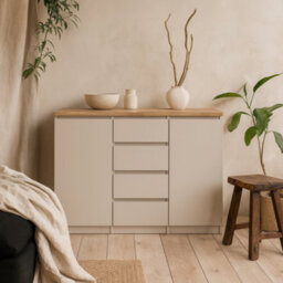 Wyld Haus Budapest Taupe And Natural Oak Effect Sideboard 2 Doors 4 Drawers - thumbnail 1