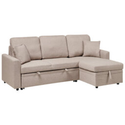 Beliani Corner Sofa Bed 3 Seater Nassjo Faux Linen Light Brown With Storage Left Hand - thumbnail 5