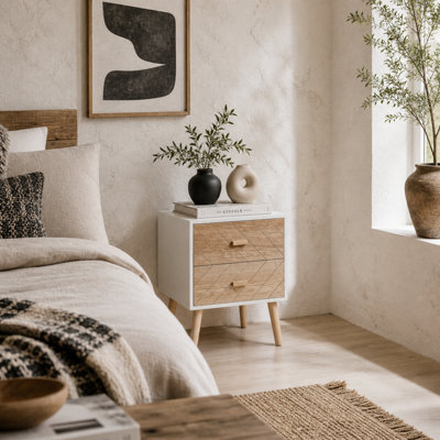 Wyld Haus Sutare 2-Drawer Bedside Table, White And Natural Wood, Chevron Design, 40 X 30 X 55.5 Cm - image 1