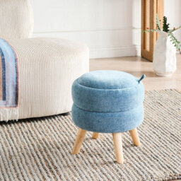 Wyld And Coco Blue Chenille Storage Pouffe 40 X 41 Cm - Modern Round Storage Stool With Reversible Lid - thumbnail 2