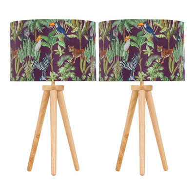 First Choice Lighting Set Of 2 Light Oak Table Lamp Bedside Lights With Safari Velvet Shades - image 1