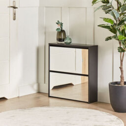 Wyld And Coco Nova Black Mirror Front Shoe Cabinet - 2 Compartments, Slim Hallway Storage - thumbnail 2