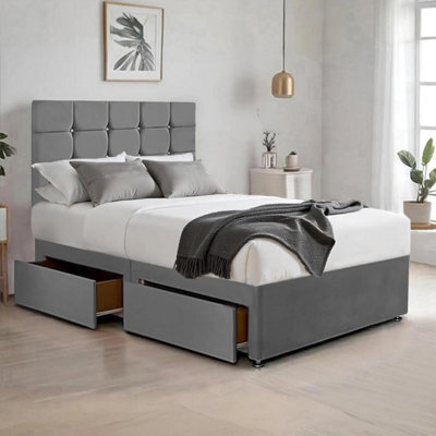 Grey Plush 4Ft6 Double Bed With Matttress  2 Storage Drawers And 20 Inch Cubic Headboard - image 1