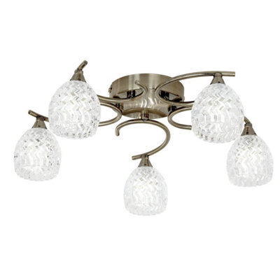 Luminosa Lighting Luminosa Boyer 5 Light Semi Flush Multi Arm Ceiling Light Antique Brass, Glass, G9