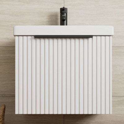 Affine Fluted 500mm Bathroom Vanity Unit Basin Wall Hung Cupboard Soft Close Matt White - image 1