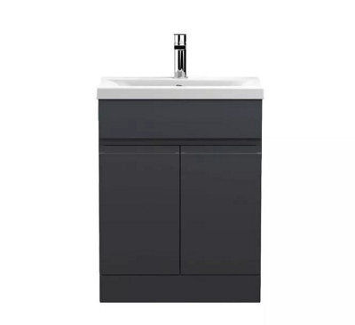 D Pro T Bathrooms 700mm Vanity Unit High Gloss Dark Grey Handleless Floor Standing Bathroom Cabinet With Soft Close Storage & Ceramic Basin - image 1