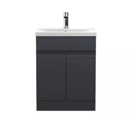 D Pro T Bathrooms 700mm Vanity Unit High Gloss Dark Grey Handleless Floor Standing Bathroom Cabinet With Soft Close Storage & Ceramic Basin