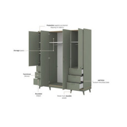 Arte Scandi Green & Oak 4 Door 6 Drawer Wardrobe - Modern Bedroom Storage With Shelves & Dual Hanging Rails W190 X H215 X D57Cm - thumbnail 5