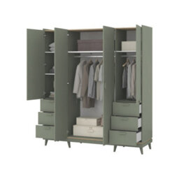Arte Scandi Green & Oak 4 Door 6 Drawer Wardrobe - Modern Bedroom Storage With Shelves & Dual Hanging Rails W190 X H215 X D57Cm - thumbnail 4
