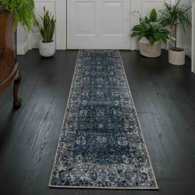 Loomed Navy Blue Grey Distressed Floral Medallion Bordered Runner Rug 60X240Cm - image 1