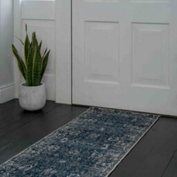 Loomed Navy Blue Grey Distressed Floral Medallion Bordered Runner Rug 60X240Cm - thumbnail 2